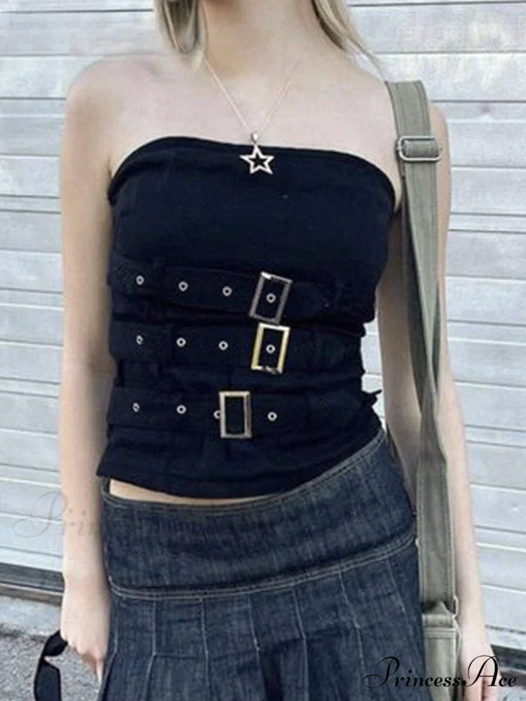 Y2K Bandage Buckle Corset Black Punk Grunge Gothic Retro Streetwear Crop Top Black / S