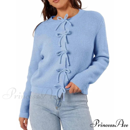 Y2K Bow Front Round Neck Cardigan blue / S