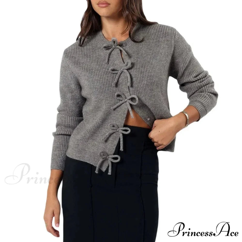 Y2K Bow Front Round Neck Cardigan gray / S
