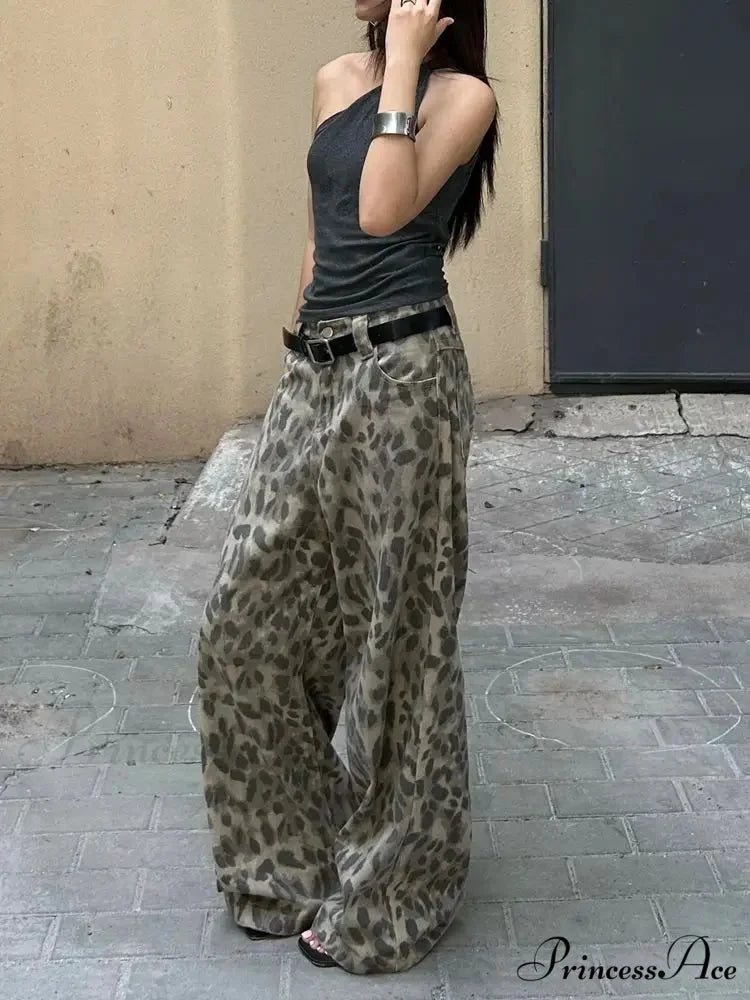 Y2K Cleaned Leopard Print Wide Leg Denim Trousers Olive / S pants-241228