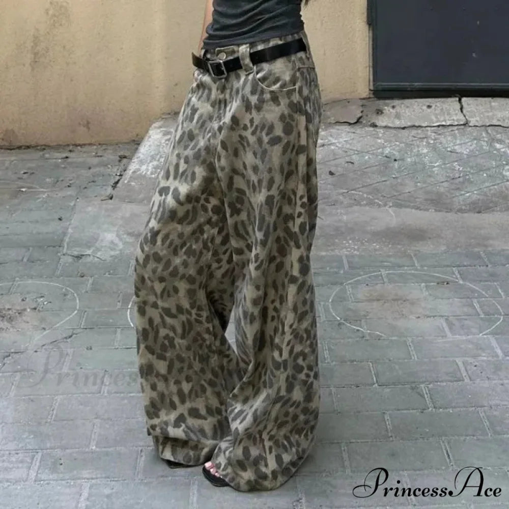 Y2K Cleaned Leopard Print Wide Leg Denim Trousers pants-241228