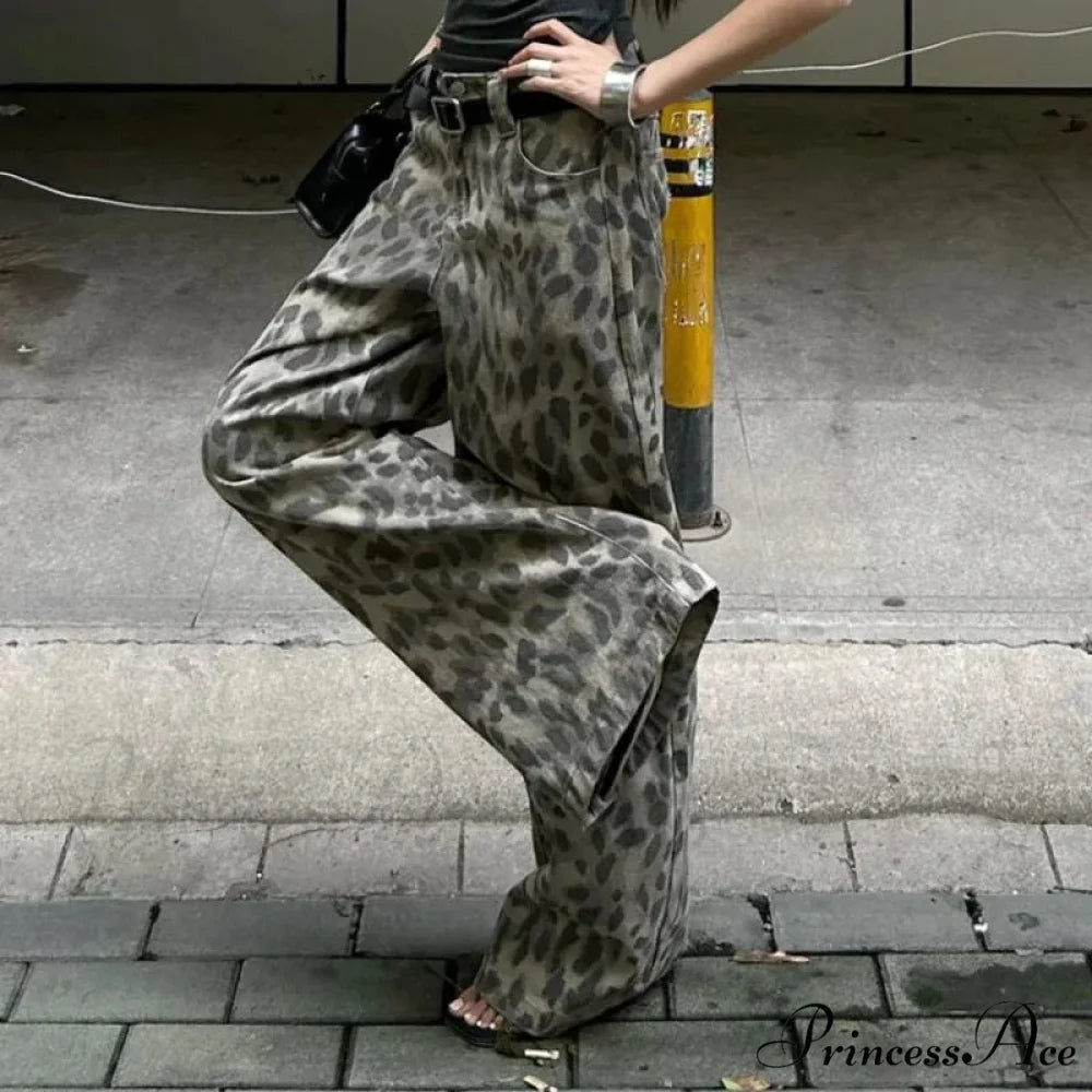 Y2K Cleaned Leopard Print Wide Leg Denim Trousers pants-241228