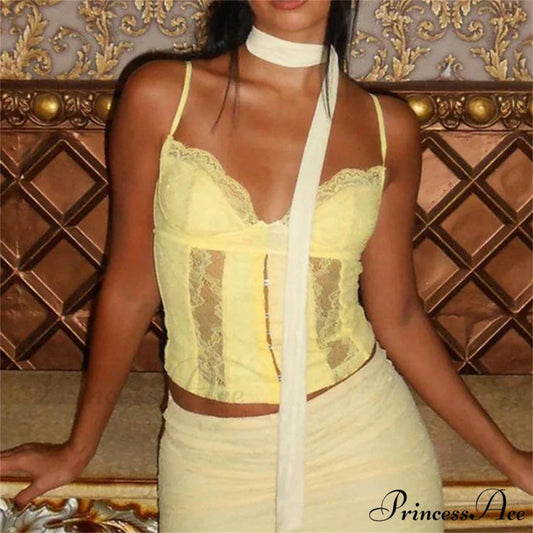 Y2K Deep-neck Bustier Antique Lace Trim Open-back Slim Fit Camisole Crop Top croptop-250126