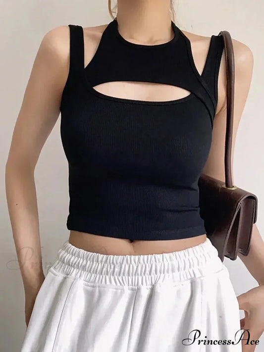 Y2k E-girl Hollow Out Knitted Sleeveless O Neck Mini Vest Basic Casual Sporty Summer Tank top Black / S