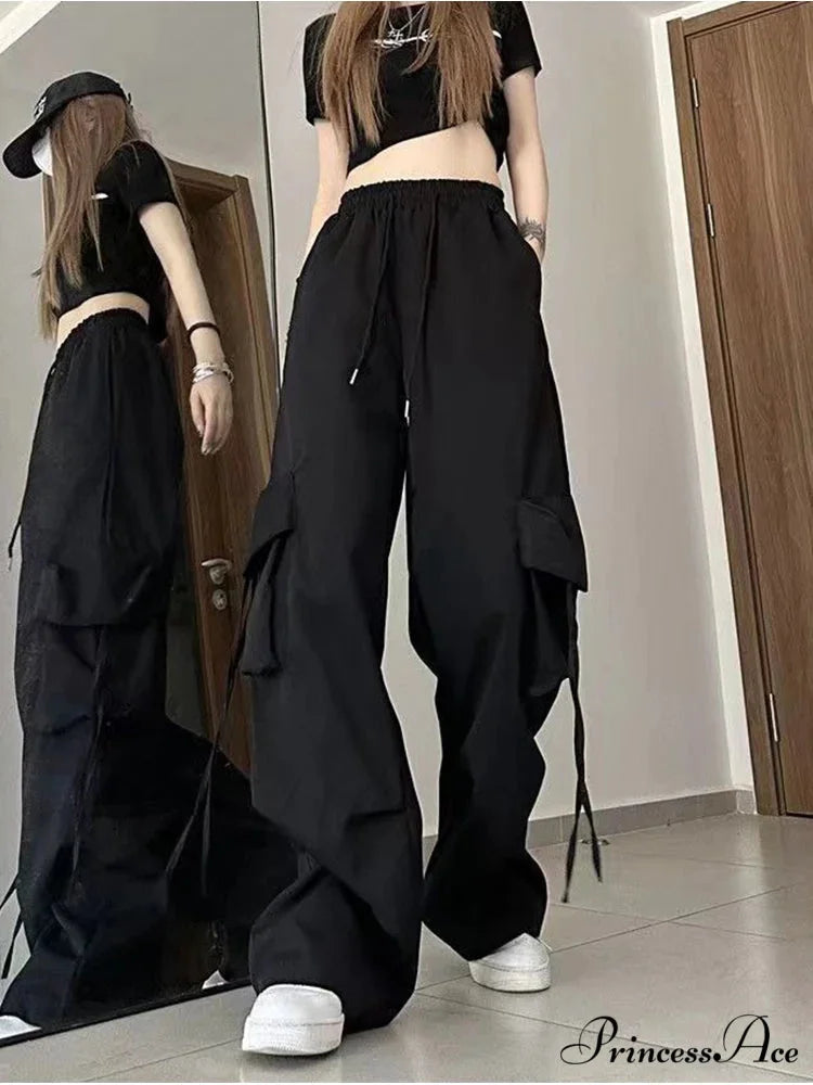 Y2K Elevated Waist Cargo Roomy Trousers Black / S pants-241228