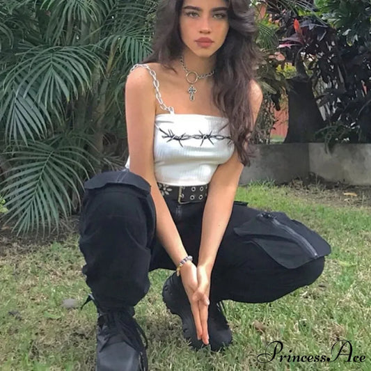 Y2K Elevated Waist Cargo Trousers Black / S pants-241228