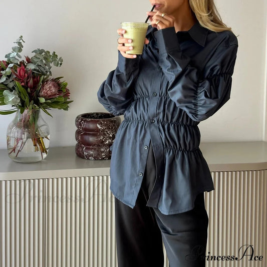 Y2K Extended Sleeve Gathered Blouse black / S blouse-250223