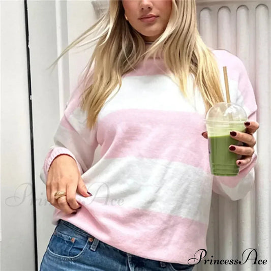 Y2K Fall Baggy Fit Stripe Print Color Block Knit Top Pink / S knittop-250126