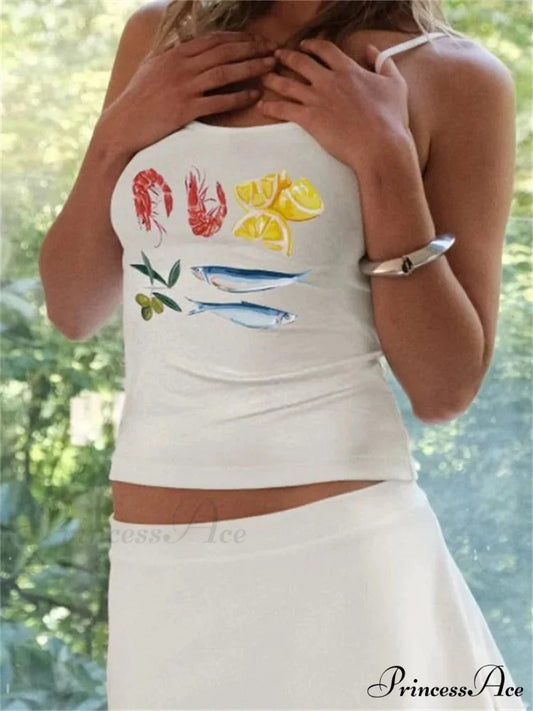 Y2K Floral Pattern Sleek Strap Tank Crop Top WHITE2 / S croptop-250126