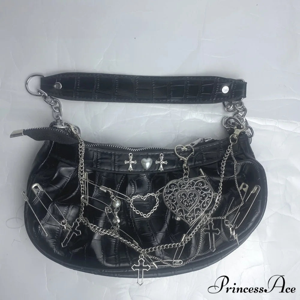 Y2K Gothic Harajuku Metal Punk Hip Hop Rock Underarm Tote Crossbody Shoulder Bag Black 1