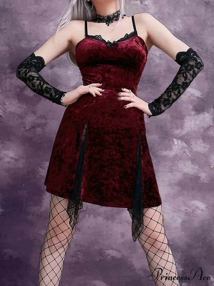 Y2K Gothic Vintage Sexy Mesh Velvet Mini Grunge Aesthetic Dark High Waist Slit Partywear Emo Lolita Clubwear Dress RED