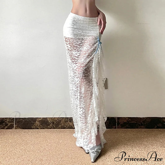 Y2K Ivory Bohemian Floral Lace Lower Waist Maxi Skirt skirt-250126