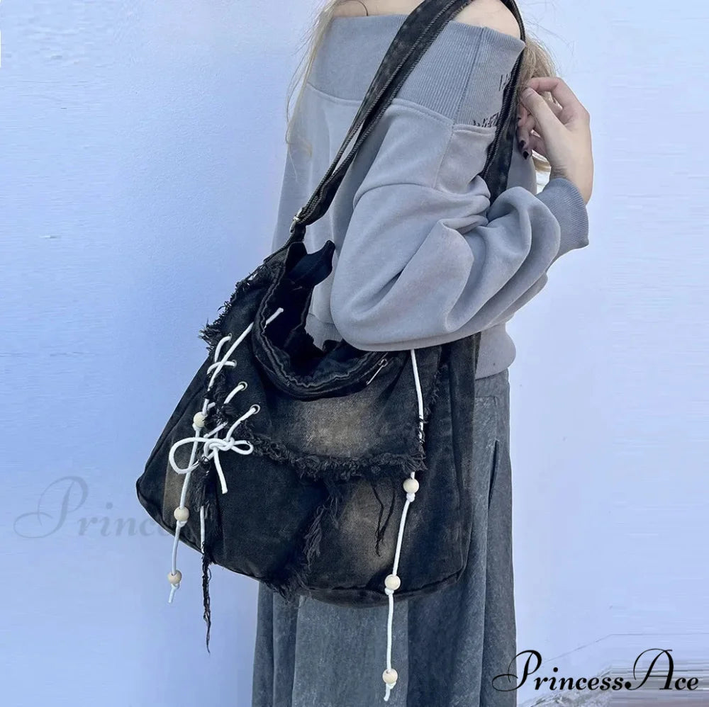 Y2K Korean Harajuku Gothic Aesthetic Vintage Denim Crossbody Messenger Bag Black