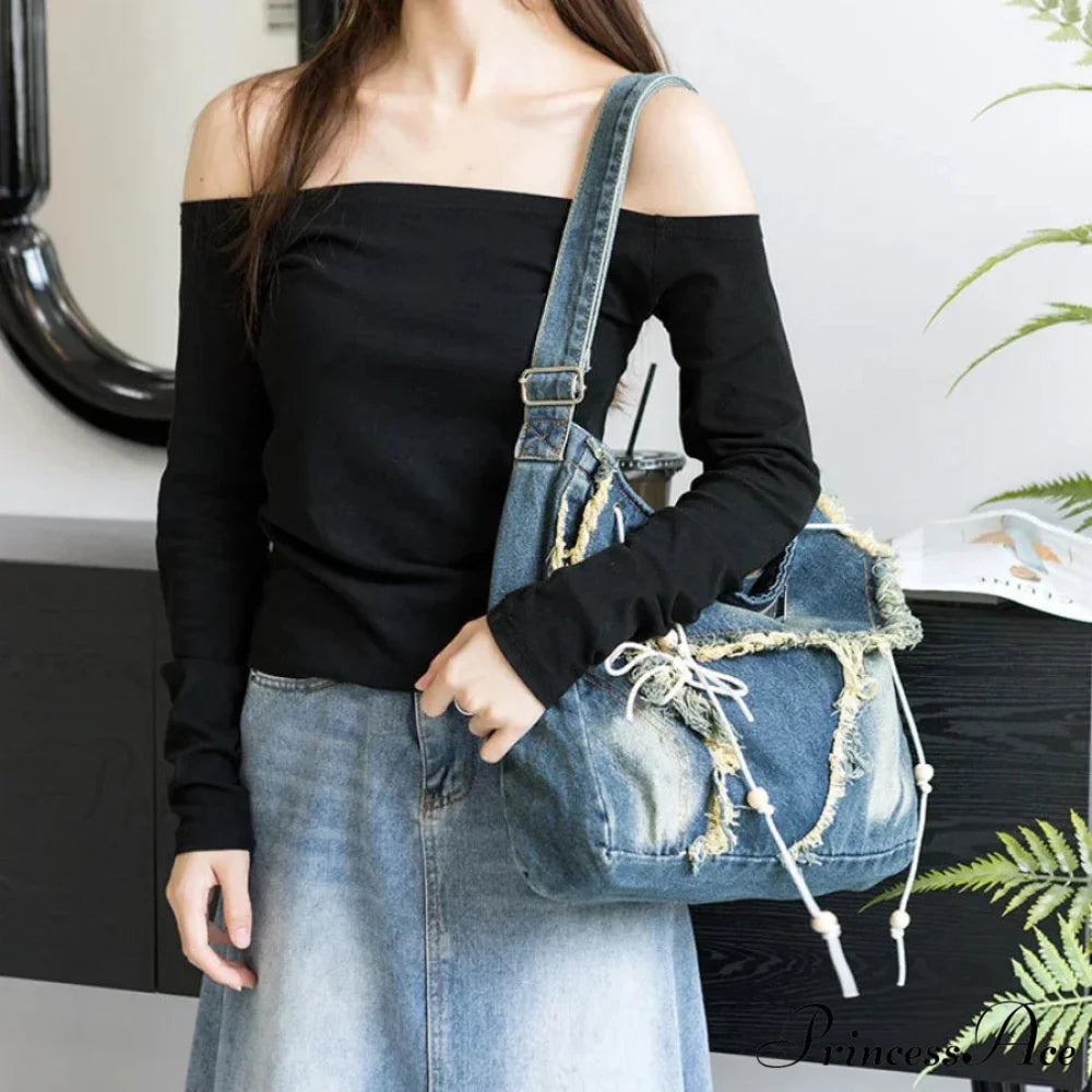 Y2K Korean Harajuku Gothic Aesthetic Vintage Denim Crossbody Messenger Bag Blue