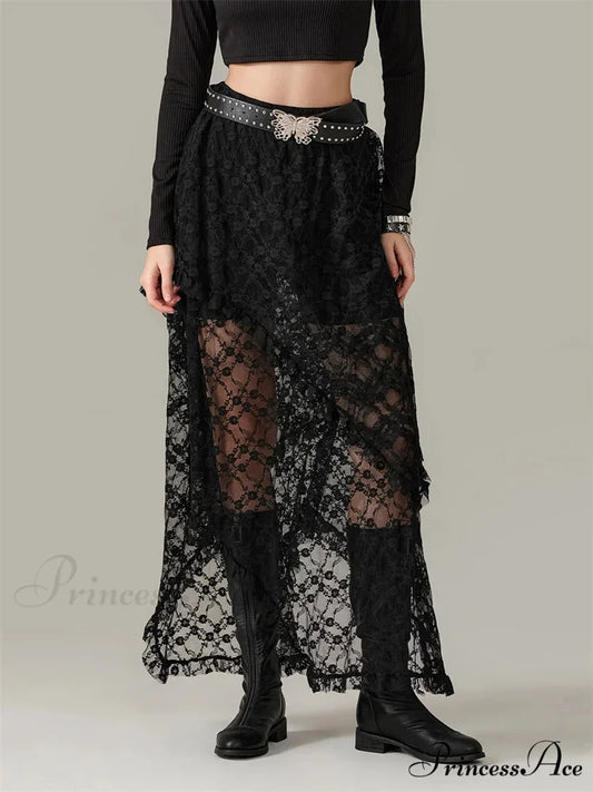 Y2K Lace Mesh Transparent High Waist Uneven Skirt BLACK / S skirt-250126