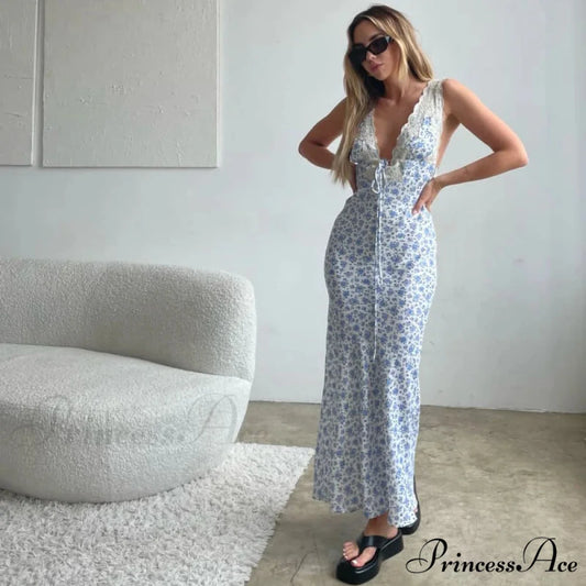 Y2K Lace Trim Extended Holiday Dress Blue / S vacationdress-250223