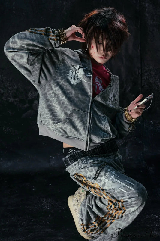 Y2K Leopard Striped Street Zip Hoodie