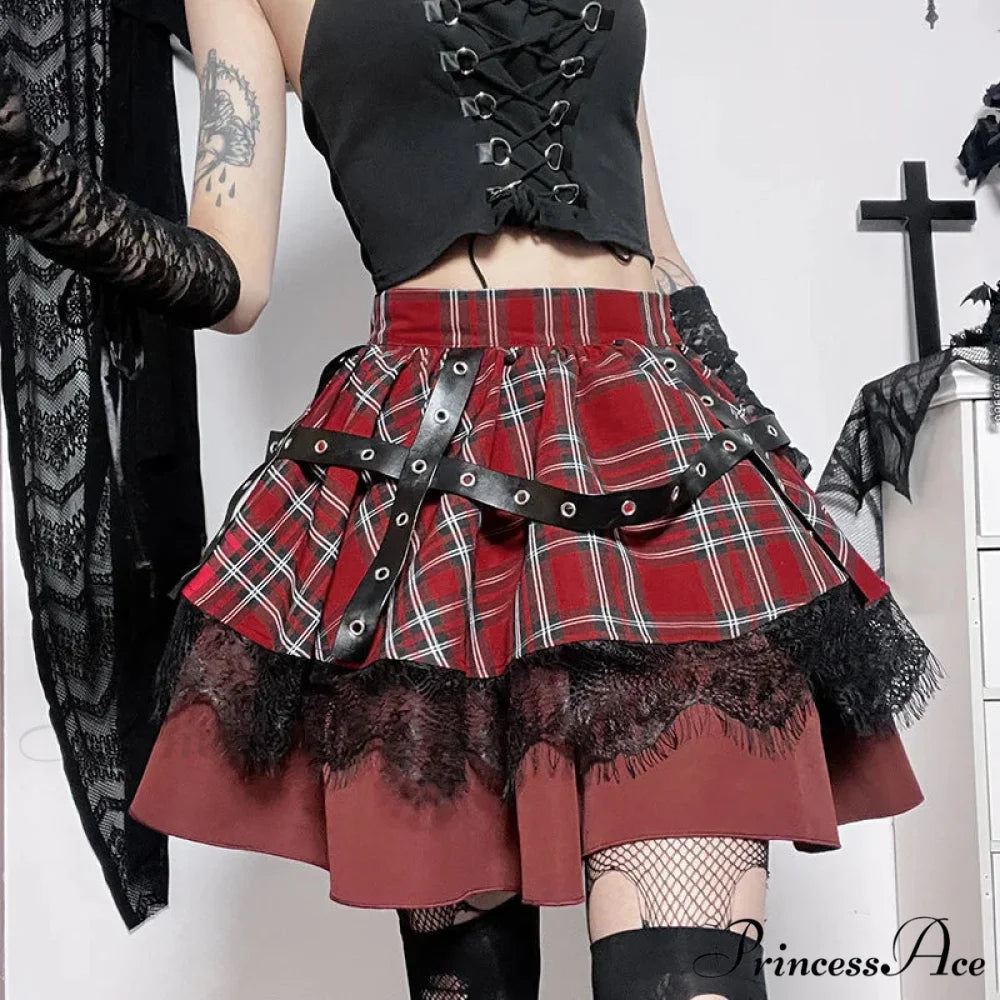Y2k Lolita Cake Mini Gothic Harajuku Girls Plaid Pleated Sweet Lace Kawaii Skirt