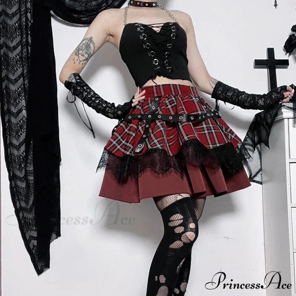 Y2k Lolita Cake Mini Gothic Harajuku Girls Plaid Pleated Sweet Lace Kawaii Skirt