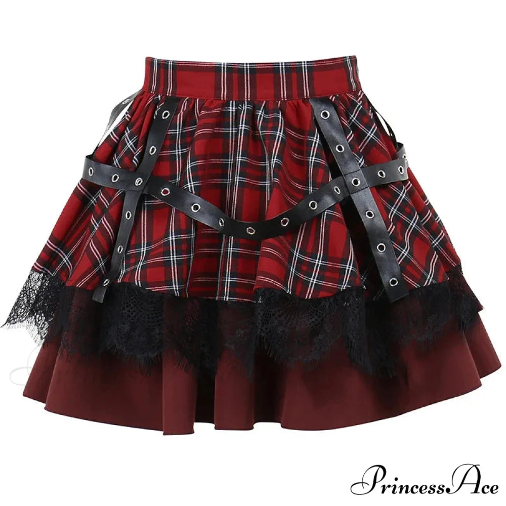 Y2k Lolita Cake Mini Gothic Harajuku Girls Plaid Pleated Sweet Lace Kawaii Skirt RED / S