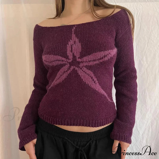 Y2K Off Shoulder Ribbon Graphic Pullover Knit Top knittop-250126