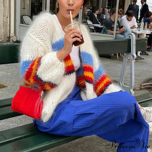 Y2K Open Front Baggy Stripe Cardigan white / S cardigans-241228