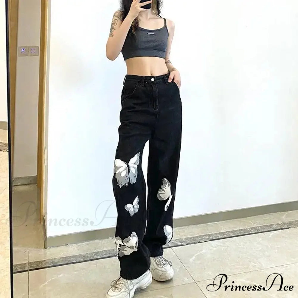Y2K Retro Ebony Wide Leg Denim Trousers pants-241228