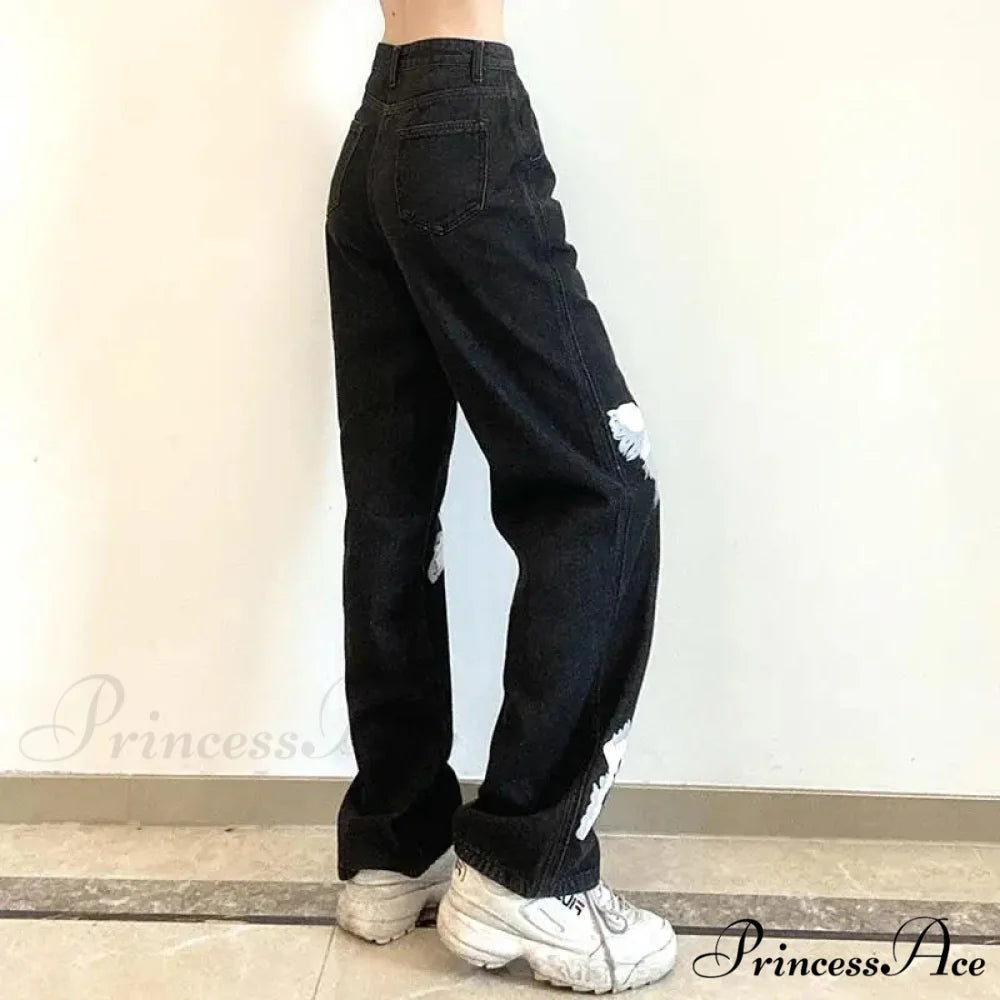 Y2K Retro Ebony Wide Leg Denim Trousers pants-241228