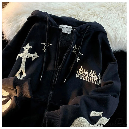 Y2k Rhinestone Skeleton Goth Hoodie Black / M