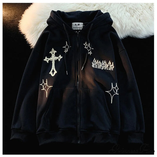 Y2k Rhinestone Skeleton Goth Hoodie Sweatshirts & Hoodies-L