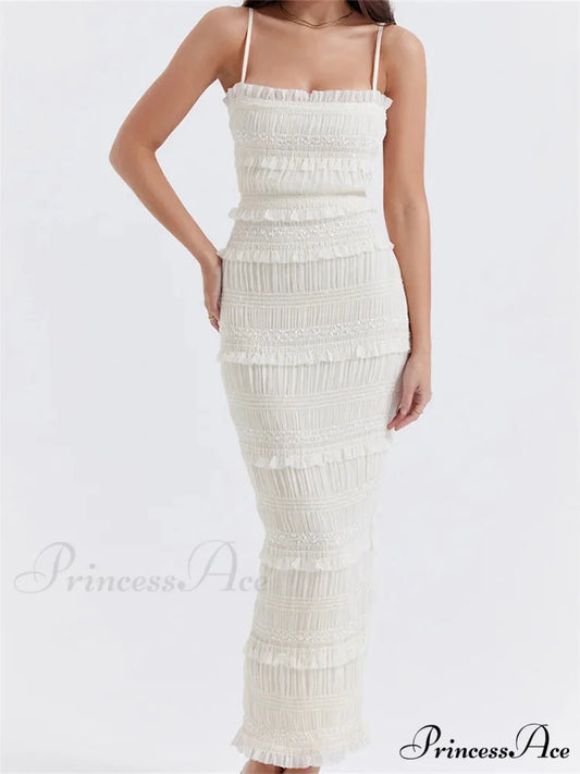 Y2K Ruched Sleeveless Strap Sling for Women Ruffles Square Neck Low Cut Back Split Female Vestidos WHITE / S