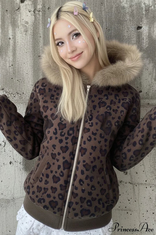 Y2K Sexy Leopard Print Fleece Zipper Hoodie