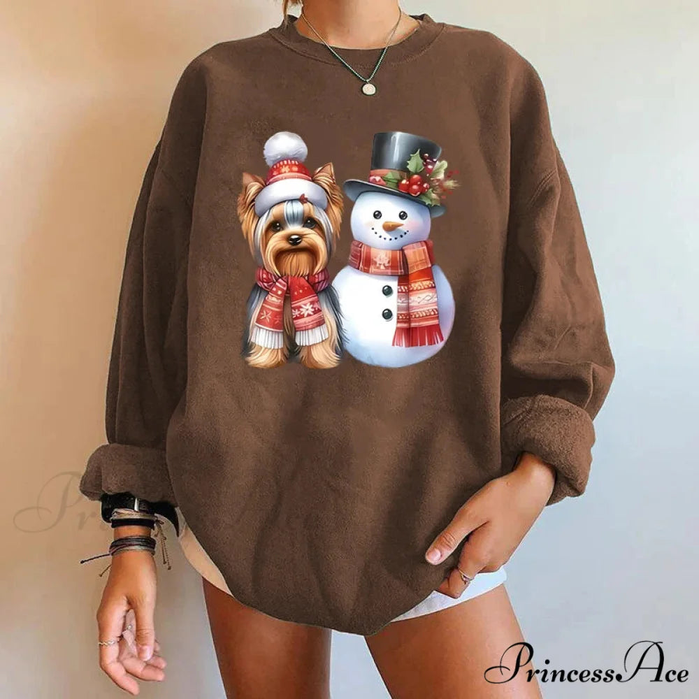 Y2K Snowman Dog Printed Christmas Hoodie Coffee / S Christmas Hoodies-L