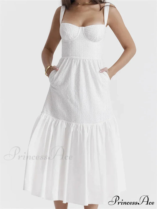 Y2K Square Neck Lace for Women Low Cut Sleeveless Spaghetti Strap White Summer Female Vestidos WHITE / S