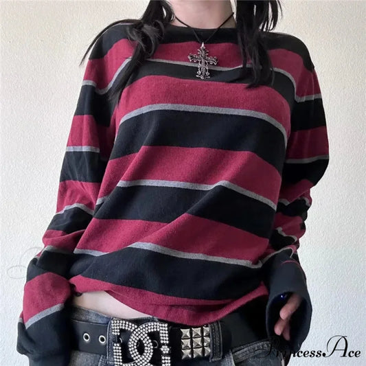 Y2k Stripe Graphic Slim Grunge Extended Sleeve Knit Top Red / S knittop-250126