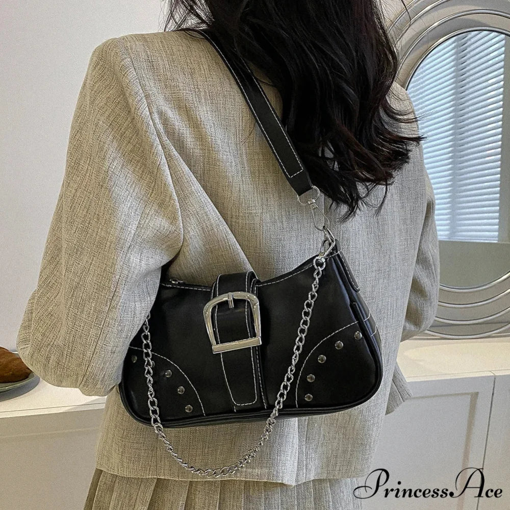 Y2K Stylish Style Chain Shoulder Bag Black shoulder-250126