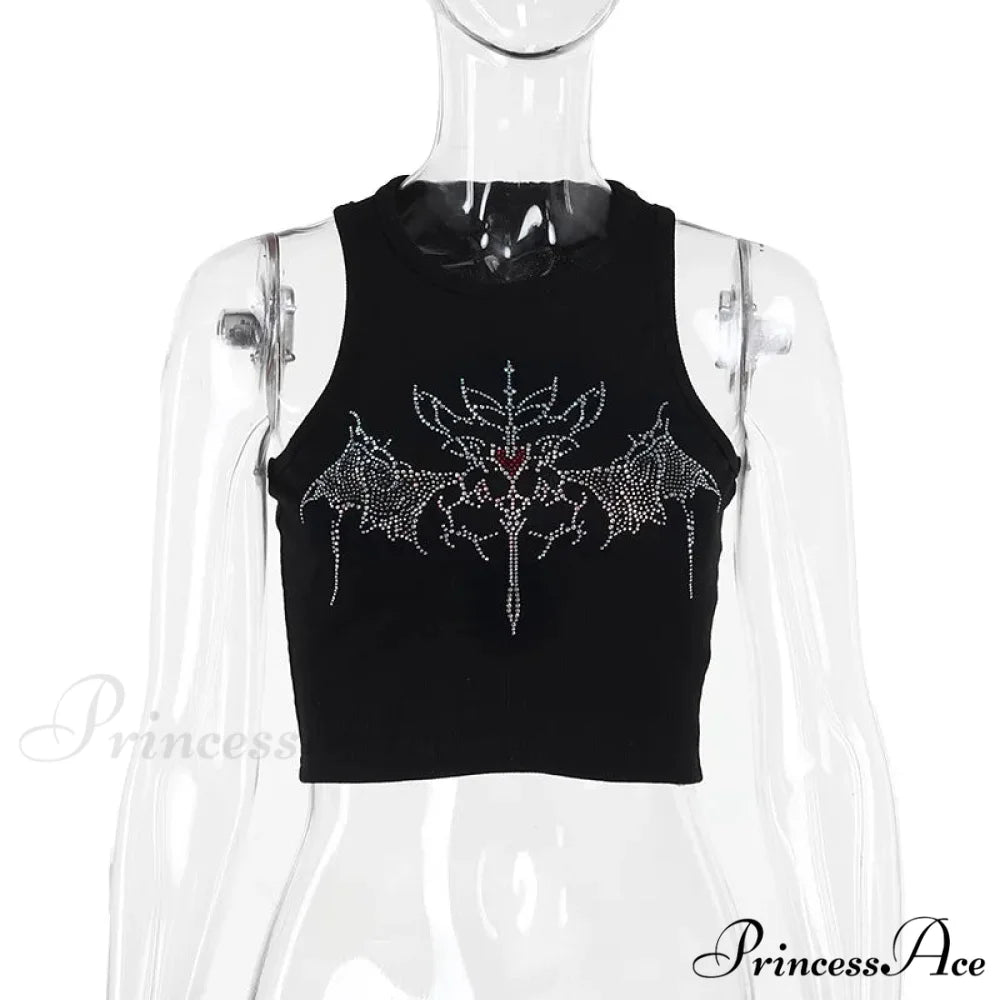 Y2K Vintage Fairy Grunge Rhinestone Graphic Crop Top Black / S