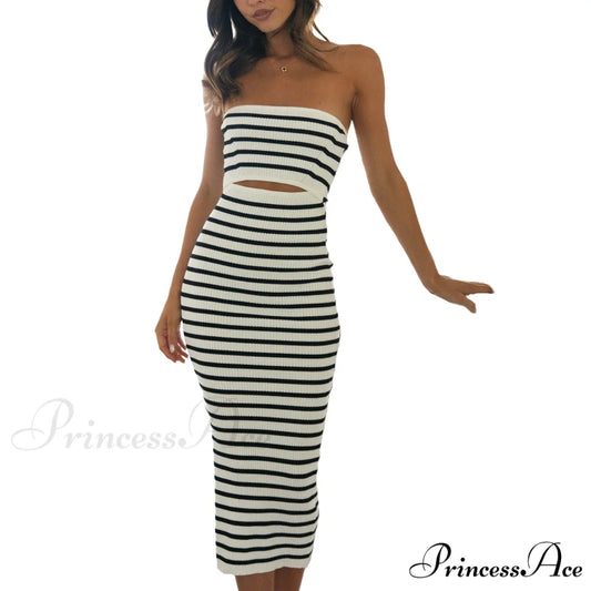 Y2k Women Rib Knit Tube Strapless Bodycon Long Summer Beach Club Bandeau Streetwear Cut Out Dress Black Striped / S