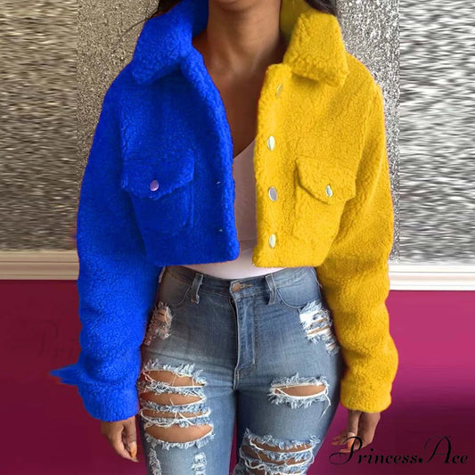 Yellow Blue Color Block Spliced Crop Jackets Blue Yellow / S