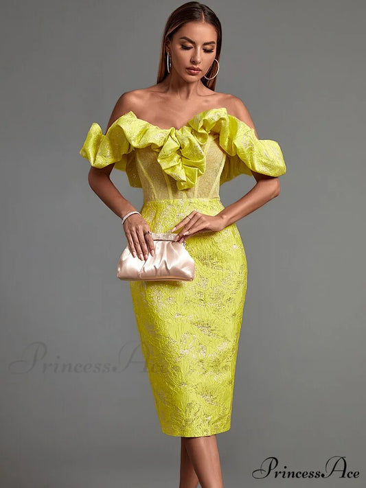 Yellow Bodycon Dress Elegant Sexy Ruffle Club Dress Yellow / L