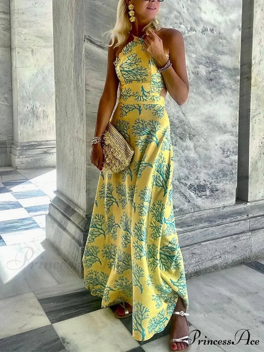 Yellow Printed Halter Backless Dress S / Green
