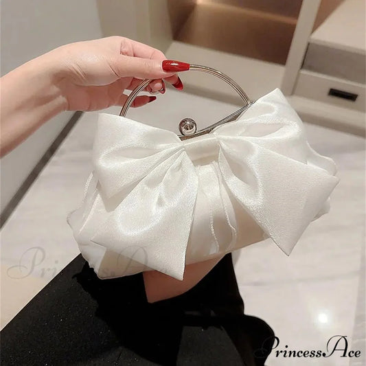 Yellow Silk Bowknot Evening Bag Women Sophisticated Banquet Shoulder Handbag White clutchbag-250126