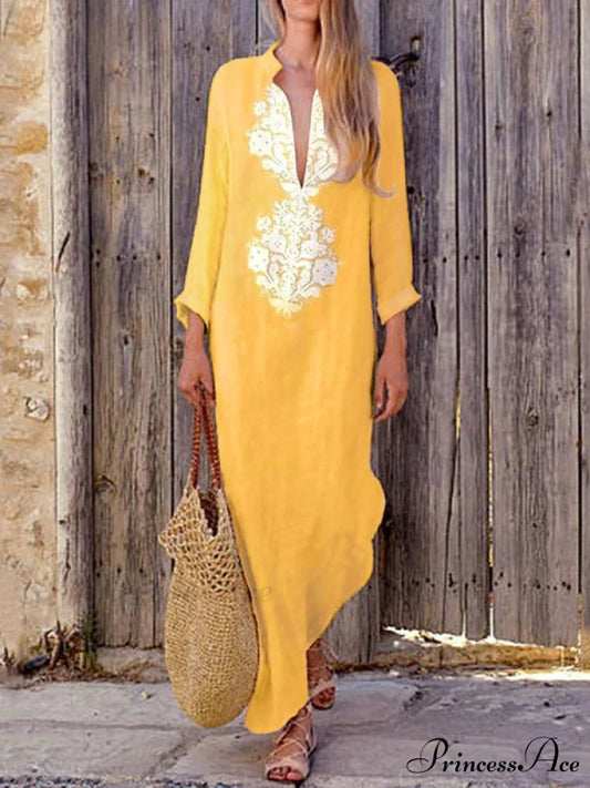 Yellow V-neck Maxi Dress with Long Sleeves and Split Sides S / Light blue