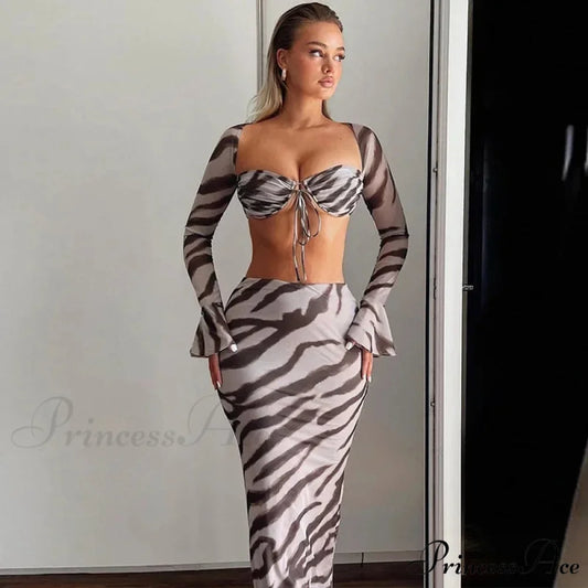 Zebra Print Y2K Skirt Two Piece Set Long Sleeve Backless Crop Top and Skirt Suit Maxi Dress Zebra / S