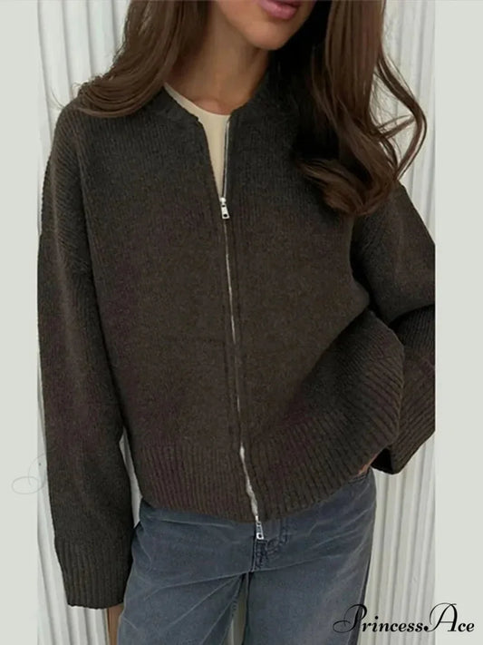 Zip Fastener Circular Neck Baggy Stylish Cardigan Grey / S cardigans-241228