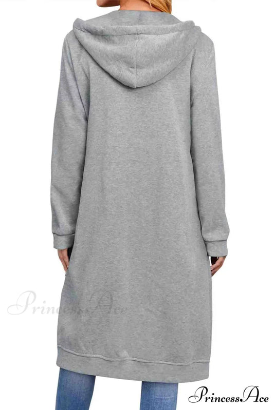 Zip Up Hooded Long Drawstring Cardigan