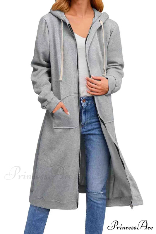 Zip Up Hooded Long Drawstring Cardigan Grey / S