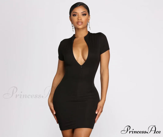 Zip Up Stylish Chic Mini Dress BLACK / XS