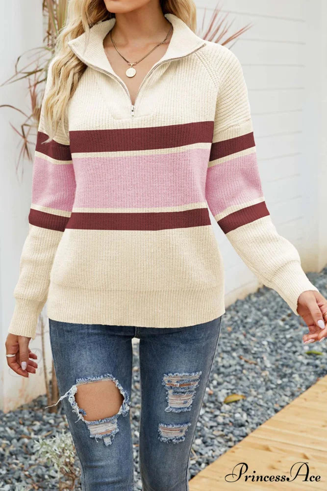 Zip-up Sweater with Lapel Beige / XL