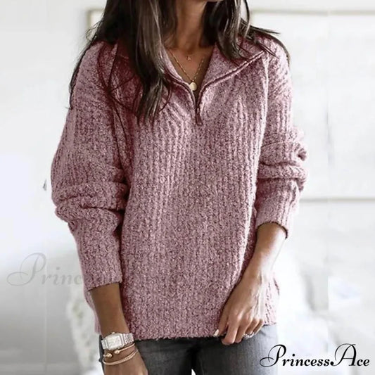 Zipper Women’s Sweater Pullover Casual Color Solid Arm Long Cardigans Pink / S